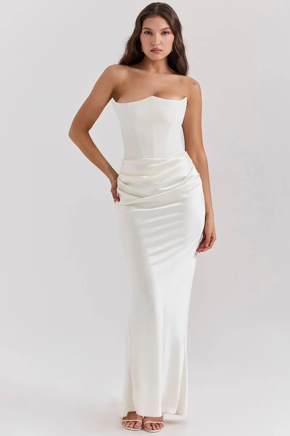 Strapless Maxi Dress for Women with Gathered Waist - Elegant Summer Evening Wear in Lightweight Fabric