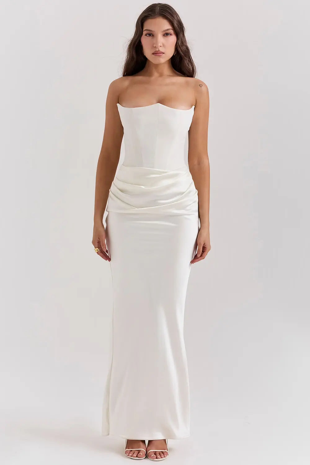 Strapless Maxi Dress for Women with Gathered Waist - Elegant Summer Evening Wear in Lightweight Fabric