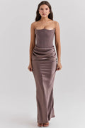 Strapless Maxi Dress for Women with Gathered Waist - Elegant Summer Evening Wear in Lightweight Fabric