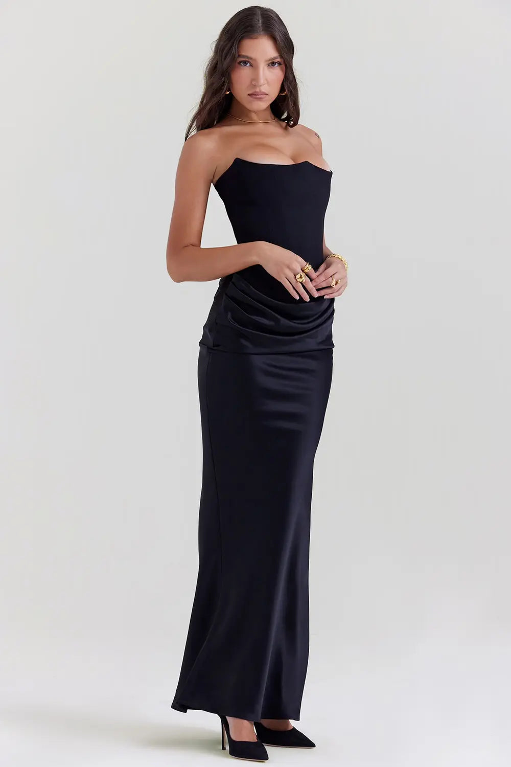 Strapless Maxi Dress for Women with Gathered Waist - Elegant Summer Evening Wear in Lightweight Fabric