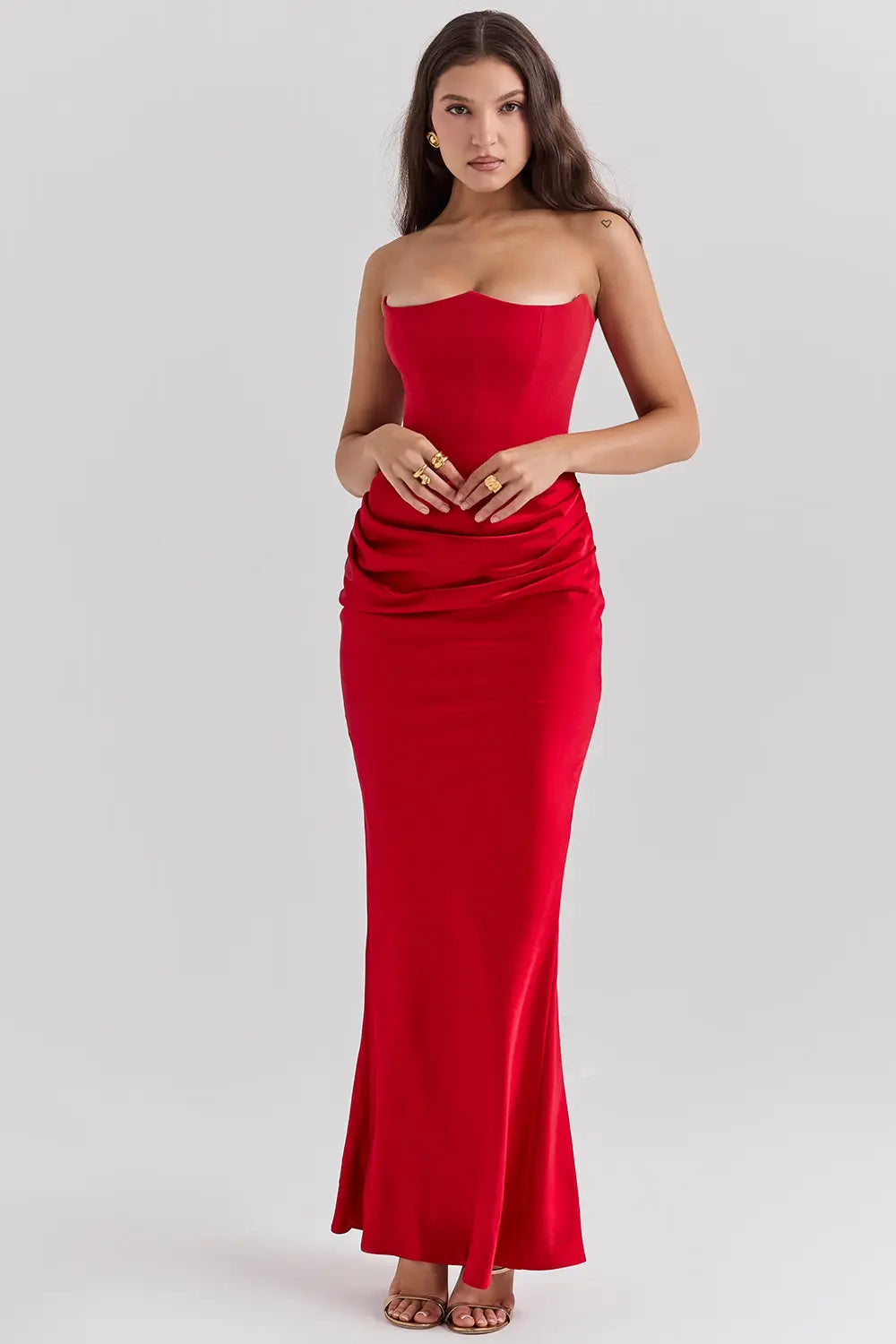 Strapless Maxi Dress for Women with Gathered Waist - Elegant Summer Evening Wear in Lightweight Fabric