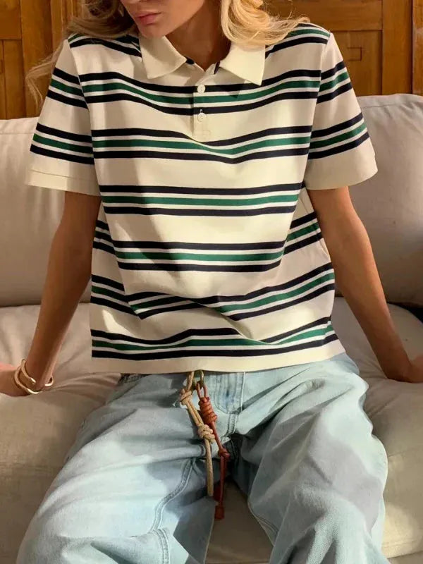 Stripe Polo Tee for Women - Soft Cotton Blend Casual Shirt - Perfect for Everyday Wear