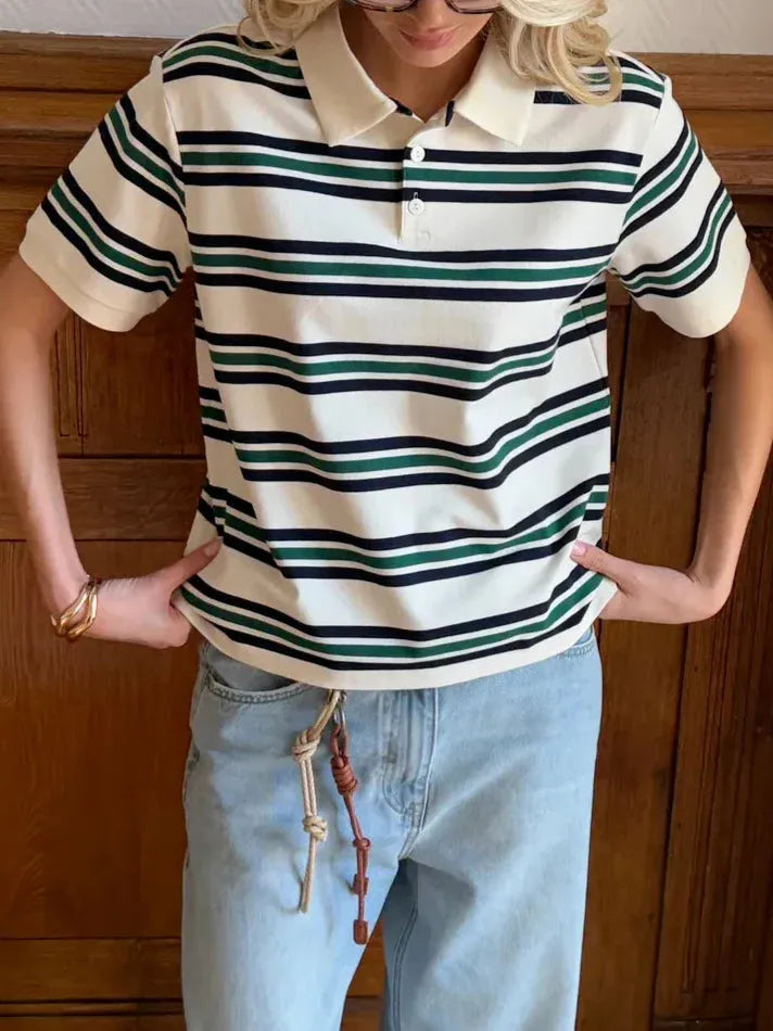 Stripe Polo Tee for Women - Soft Cotton Blend Casual Shirt - Perfect for Everyday Wear