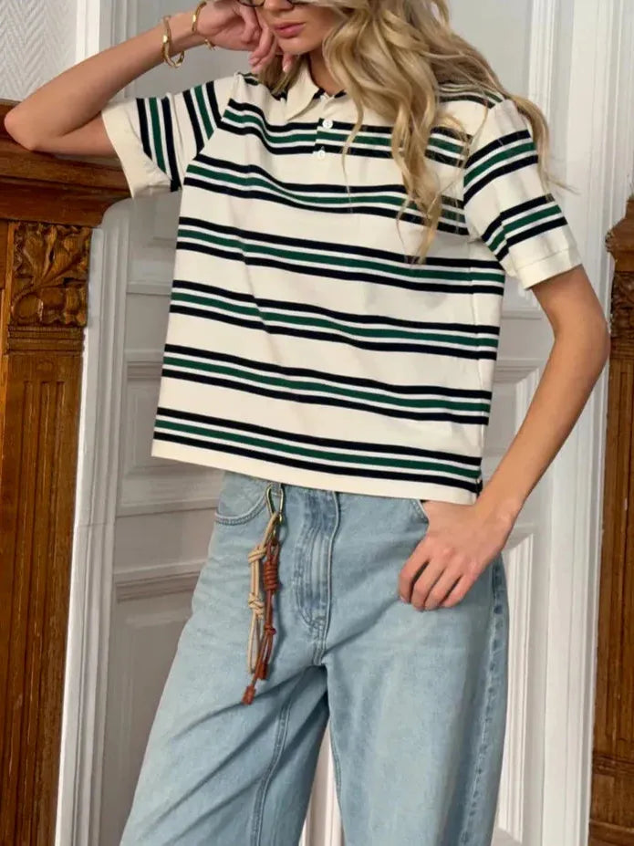 Stripe Polo Tee for Women - Soft Cotton Blend Casual Shirt - Perfect for Everyday Wear