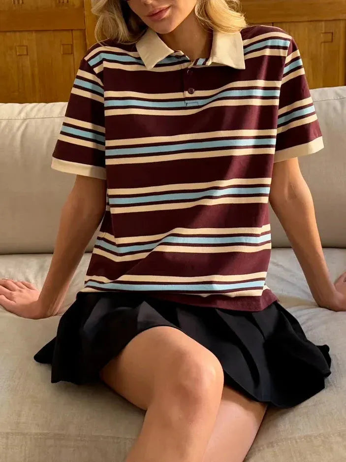 Stripe Polo Tee for Women - Soft Cotton Blend Casual Shirt - Perfect for Everyday Wear