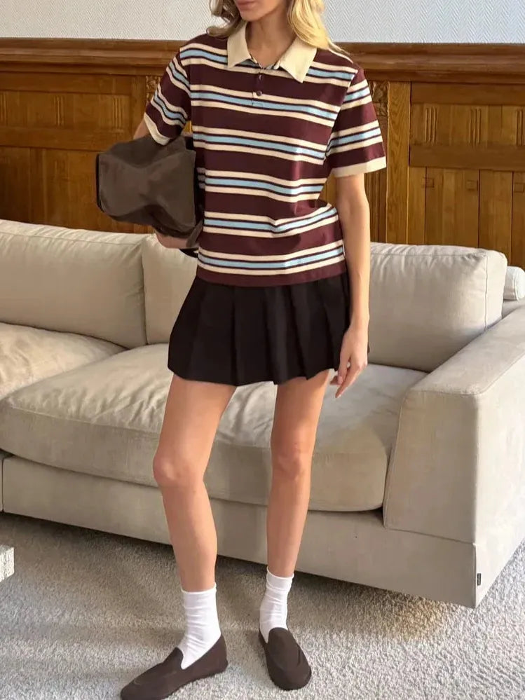Stripe Polo Tee for Women - Soft Cotton Blend Casual Shirt - Perfect for Everyday Wear