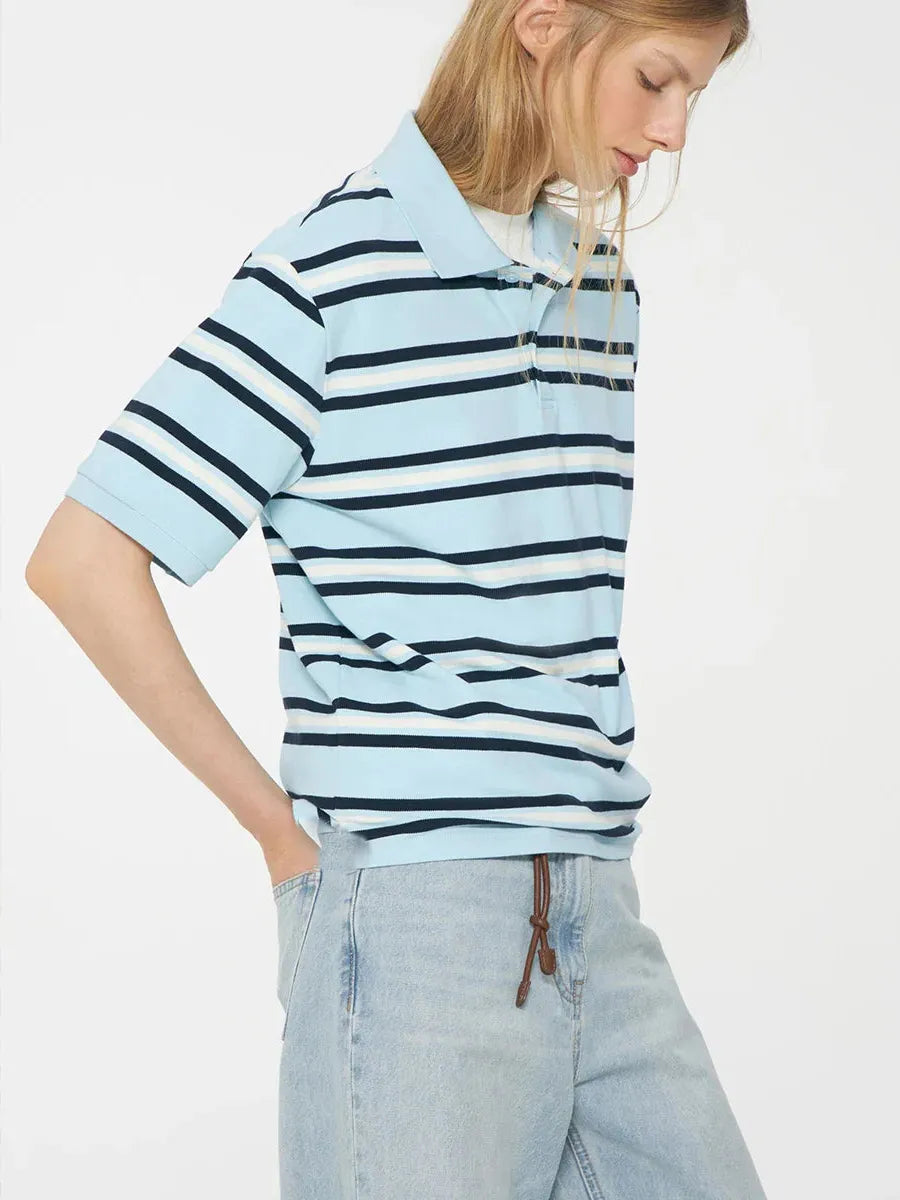 Stripe Polo Tee for Women - Soft Cotton Blend Casual Shirt - Perfect for Everyday Wear