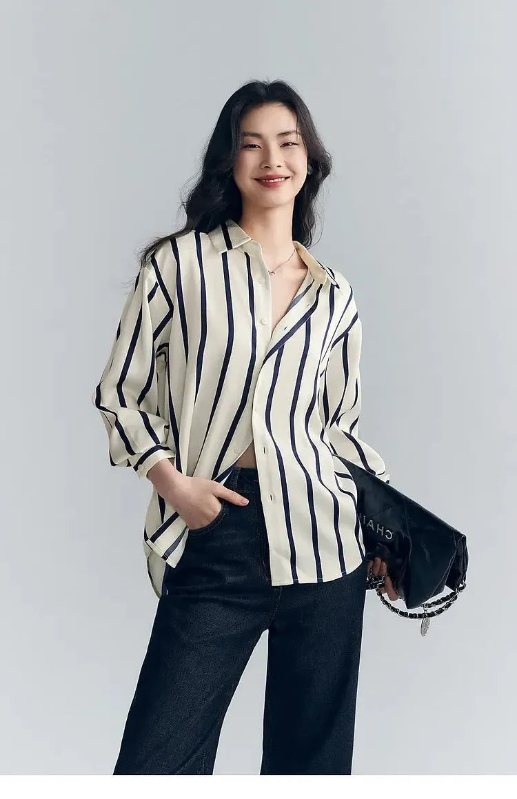 Stripe Satin Blouse for Women - Elegant Casual Top with Short Sleeves - Perfect for Work or Evening Out