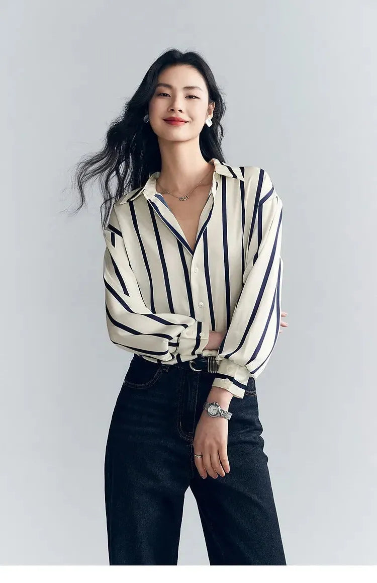 Stripe Satin Blouse for Women - Elegant Casual Top with Short Sleeves - Perfect for Work or Evening Out