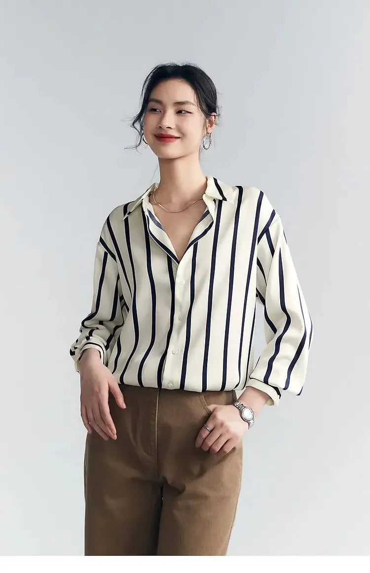 Stripe Satin Blouse for Women - Elegant Casual Top with Short Sleeves - Perfect for Work or Evening Out