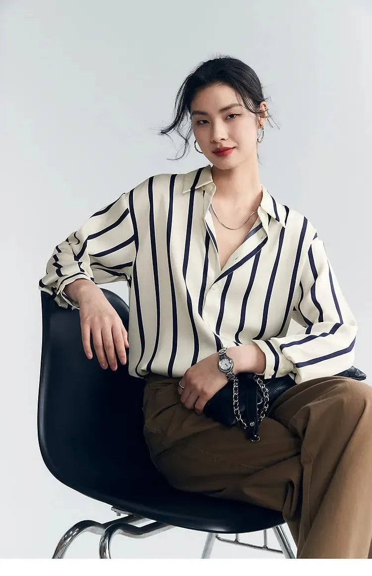 Stripe Satin Blouse for Women - Elegant Casual Top with Short Sleeves - Perfect for Work or Evening Out