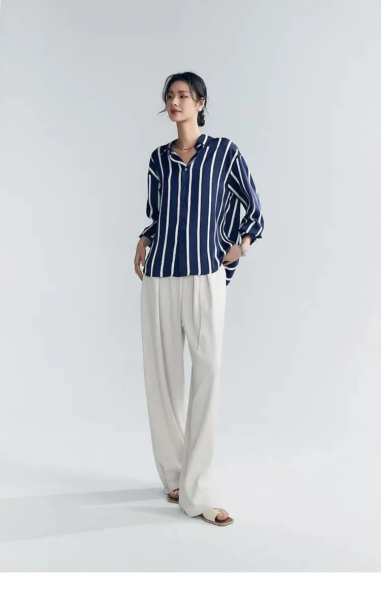 Stripe Satin Blouse for Women - Elegant Casual Top with Short Sleeves - Perfect for Work or Evening Out