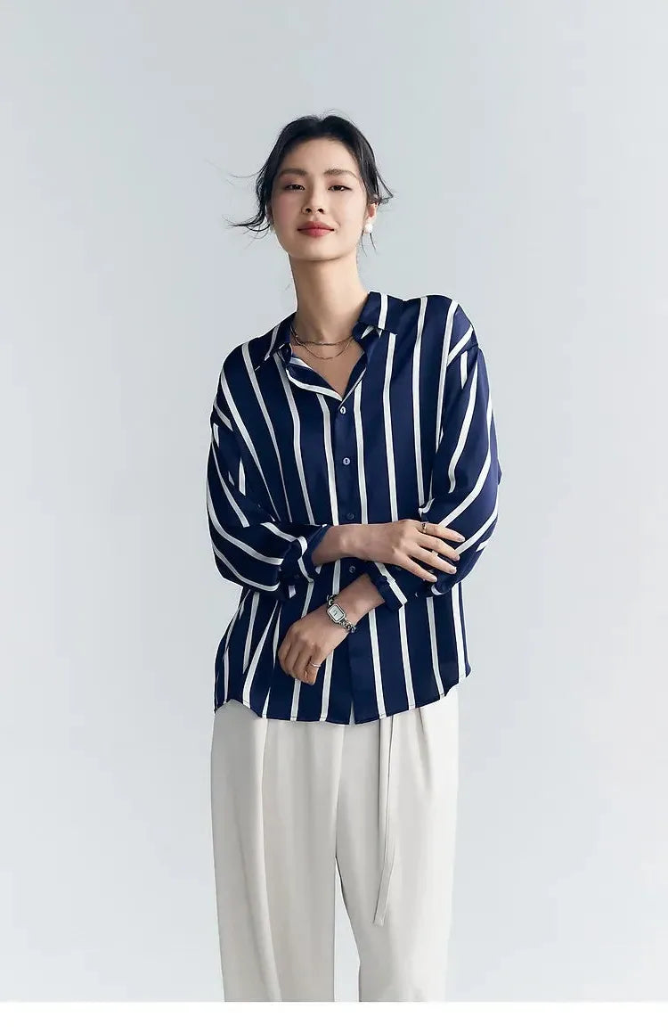 Stripe Satin Blouse for Women - Elegant Casual Top with Short Sleeves - Perfect for Work or Evening Out