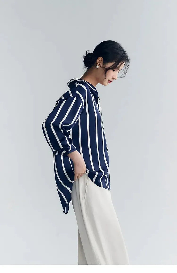 Stripe Satin Blouse for Women - Elegant Casual Top with Short Sleeves - Perfect for Work or Evening Out