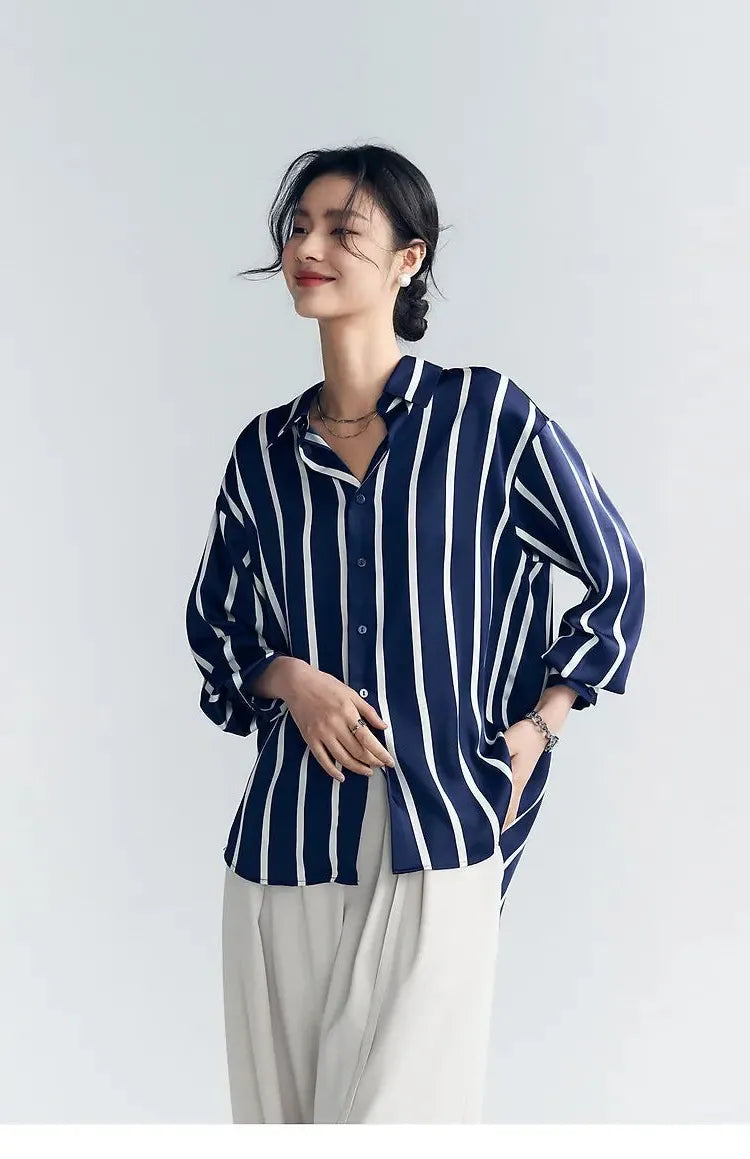 Stripe Satin Blouse for Women - Elegant Casual Top with Short Sleeves - Perfect for Work or Evening Out