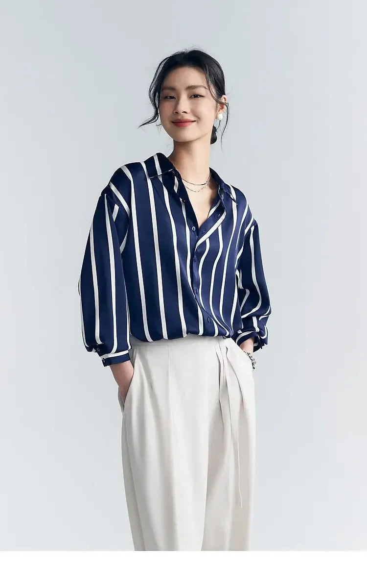 Stripe Satin Blouse for Women - Elegant Casual Top with Short Sleeves - Perfect for Work or Evening Out