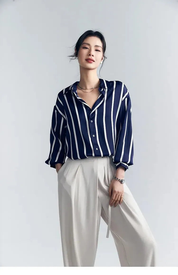 Stripe Satin Blouse for Women - Elegant Casual Top with Short Sleeves - Perfect for Work or Evening Out