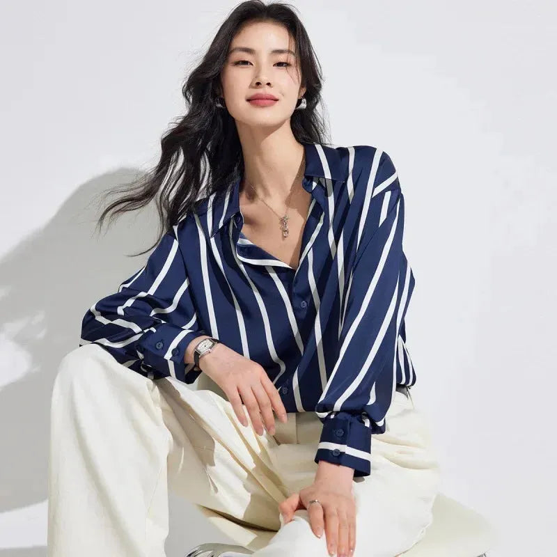 Stripe Satin Blouse for Women - Elegant Casual Top with Short Sleeves - Perfect for Work or Evening Out
