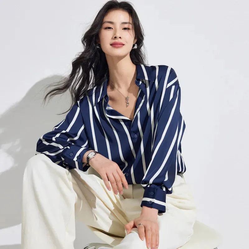 Stripe Satin Blouse for Women - Elegant Casual Top with Short Sleeves - Perfect for Work or Evening Out
