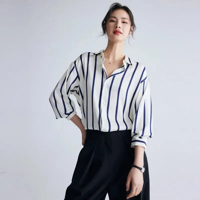 Stripe Satin Blouse for Women - Elegant Casual Top with Short Sleeves - Perfect for Work or Evening Out