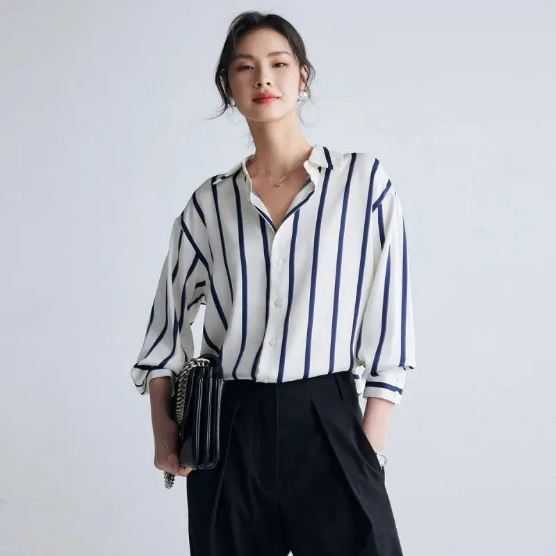 Stripe Satin Blouse for Women - Elegant Casual Top with Short Sleeves - Perfect for Work or Evening Out
