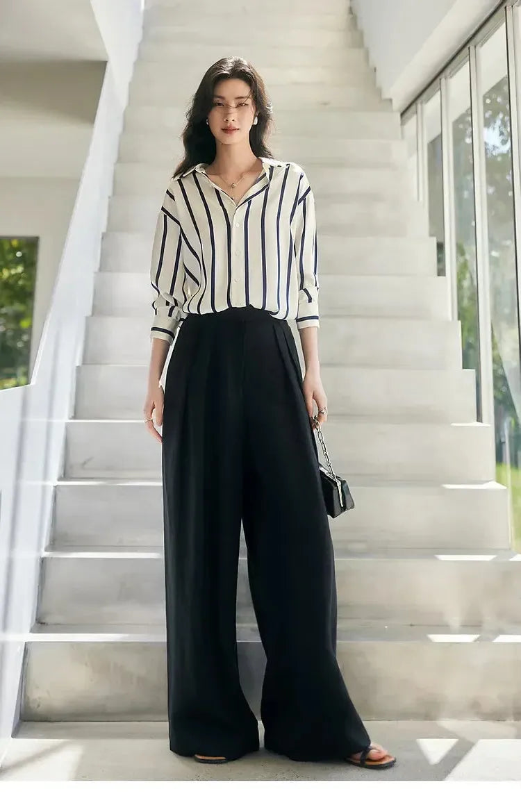 Stripe Satin Blouse for Women - Elegant Casual Top with Short Sleeves - Perfect for Work or Evening Out