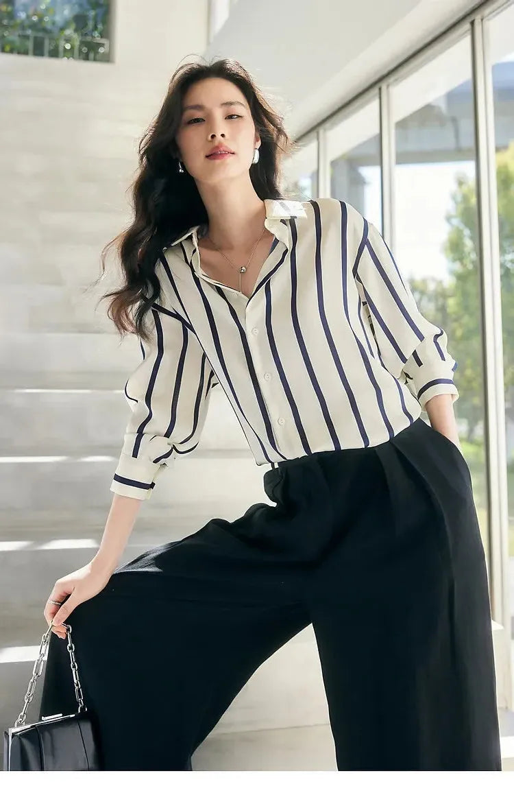 Stripe Satin Blouse for Women - Elegant Casual Top with Short Sleeves - Perfect for Work or Evening Out