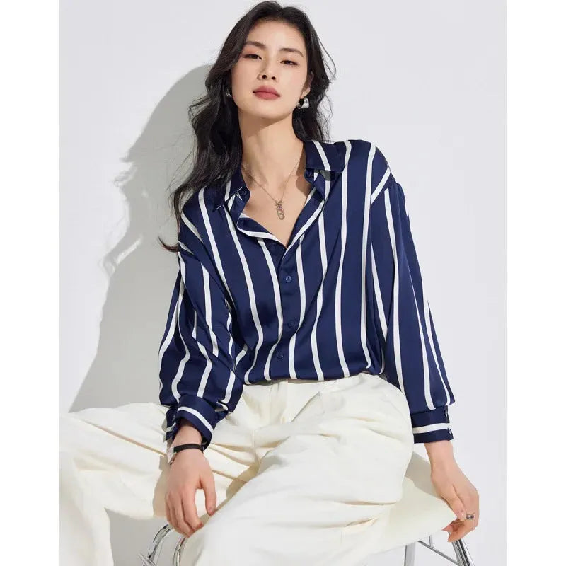 Stripe Satin Blouse for Women - Elegant Casual Top with Short Sleeves - Perfect for Work or Evening Out