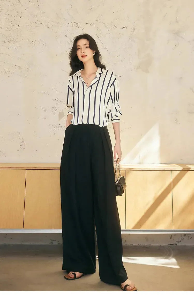 Stripe Satin Blouse for Women - Elegant Casual Top with Short Sleeves - Perfect for Work or Evening Out