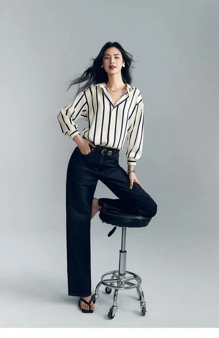 Stripe Satin Blouse for Women - Elegant Casual Top with Short Sleeves - Perfect for Work or Evening Out