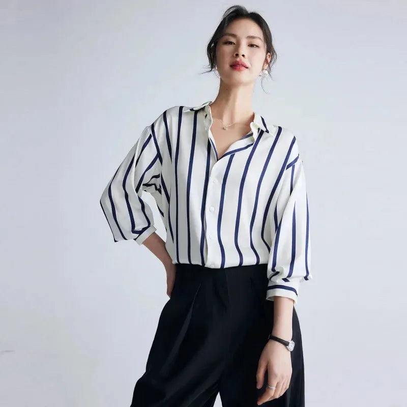 Stripe Satin Blouse for Women - Elegant Casual Top with Short Sleeves - Perfect for Work or Evening Out