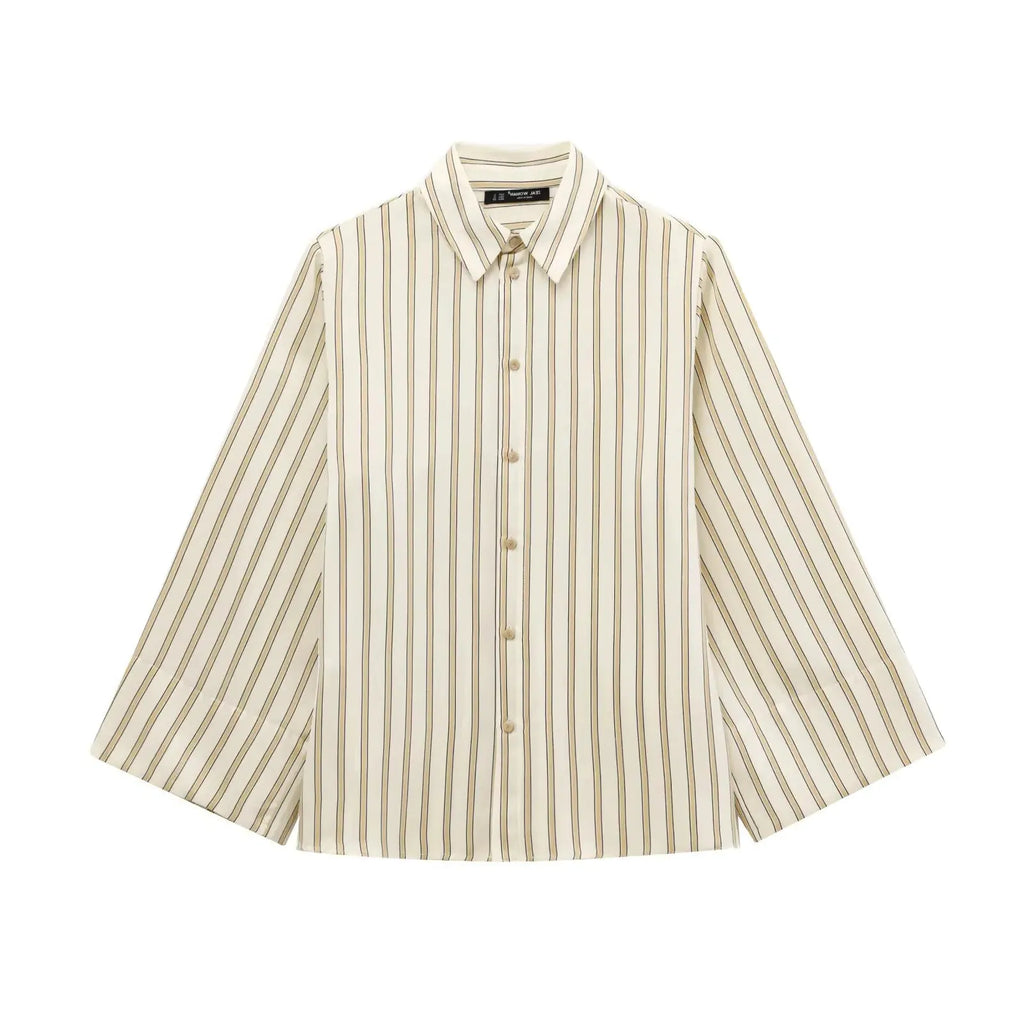 Striped Cotton Button-Up Blouse for Women - Casual European Style Top for Everyday Wear