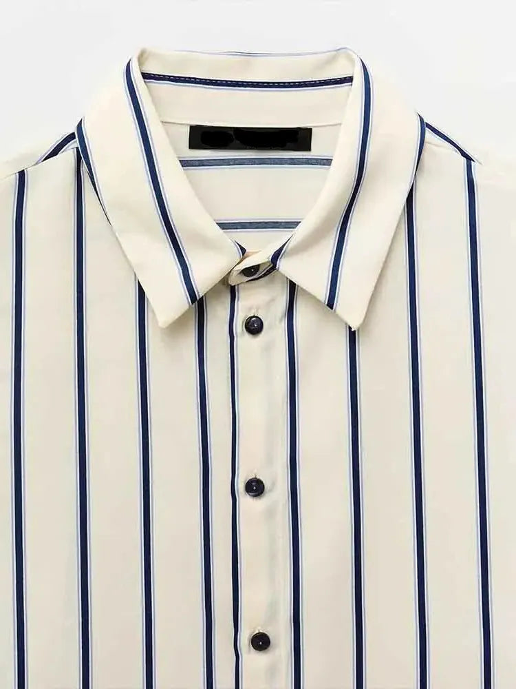 Striped Cotton Button-Up Blouse for Women - Casual European Style Top for Everyday Wear