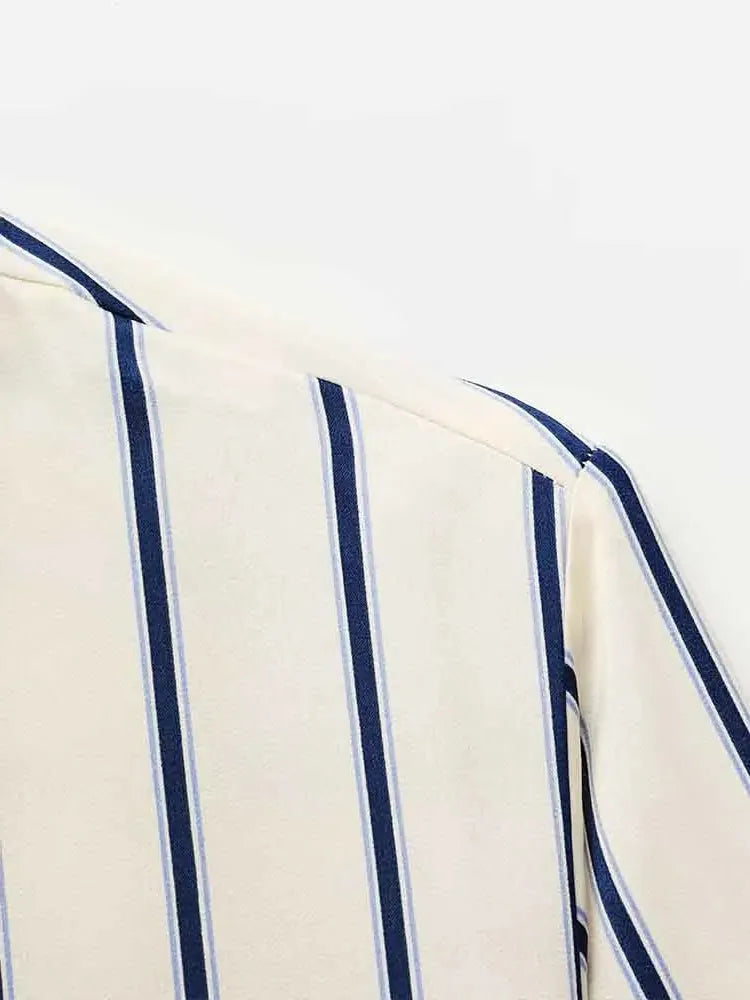 Striped Cotton Button-Up Blouse for Women - Casual European Style Top for Everyday Wear