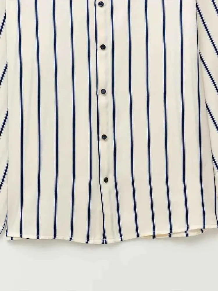 Striped Cotton Button-Up Blouse for Women - Casual European Style Top for Everyday Wear