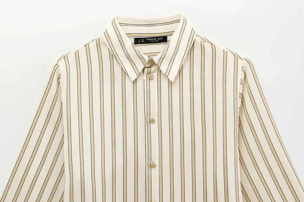 Striped Cotton Button-Up Blouse for Women - Casual European Style Top for Everyday Wear