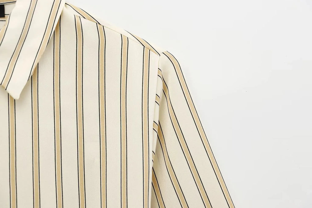 Striped Cotton Button-Up Blouse for Women - Casual European Style Top for Everyday Wear