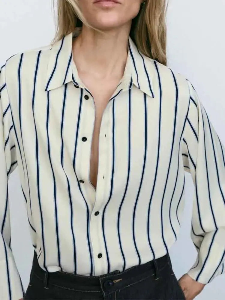 Striped Cotton Button-Up Blouse for Women - Casual European Style Top for Everyday Wear