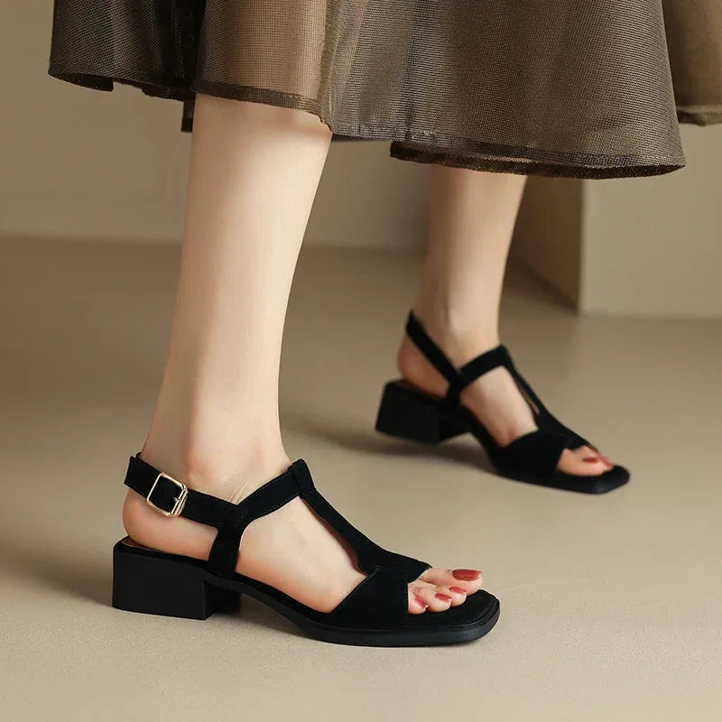 Suede T-Strap Sandals for Women - Comfortable Casual Footwear for Summer - Stylish Open-Toe Design