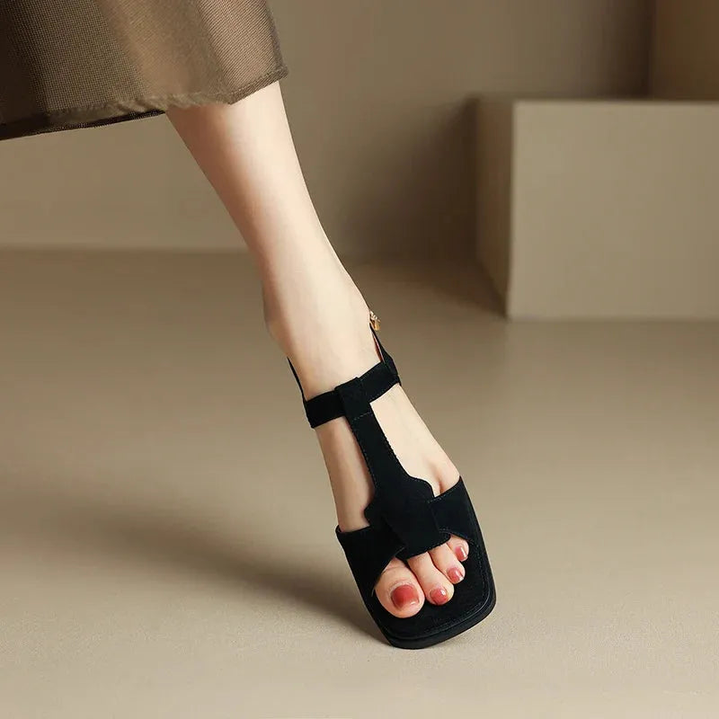Suede T-Strap Sandals for Women - Comfortable Casual Footwear for Summer - Stylish Open-Toe Design