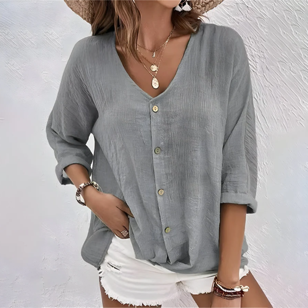 V-Neck Button-Front Blouse for Women - Three-Quarter Rolled Sleeves, Curved Hemline, Casual Wear Top