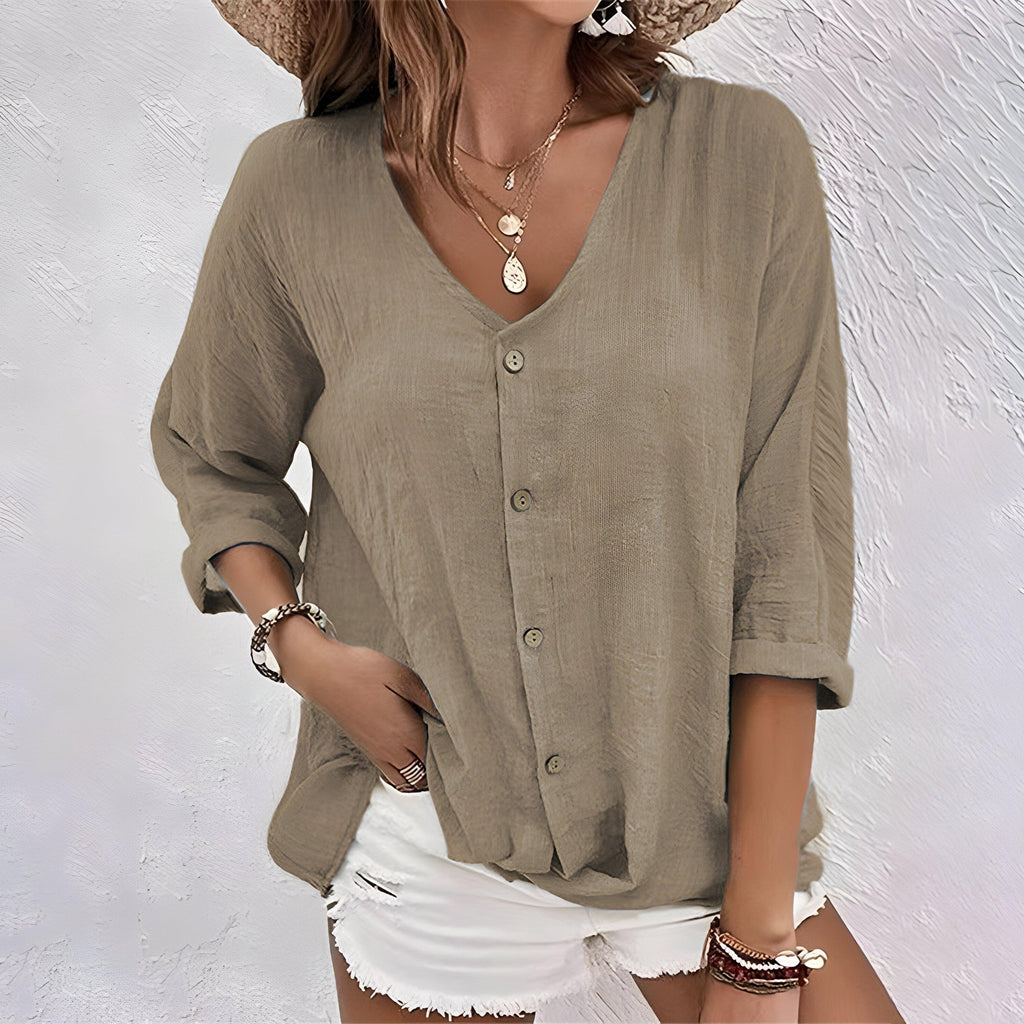 V-Neck Button-Front Blouse for Women - Three-Quarter Rolled Sleeves, Curved Hemline, Casual Wear Top