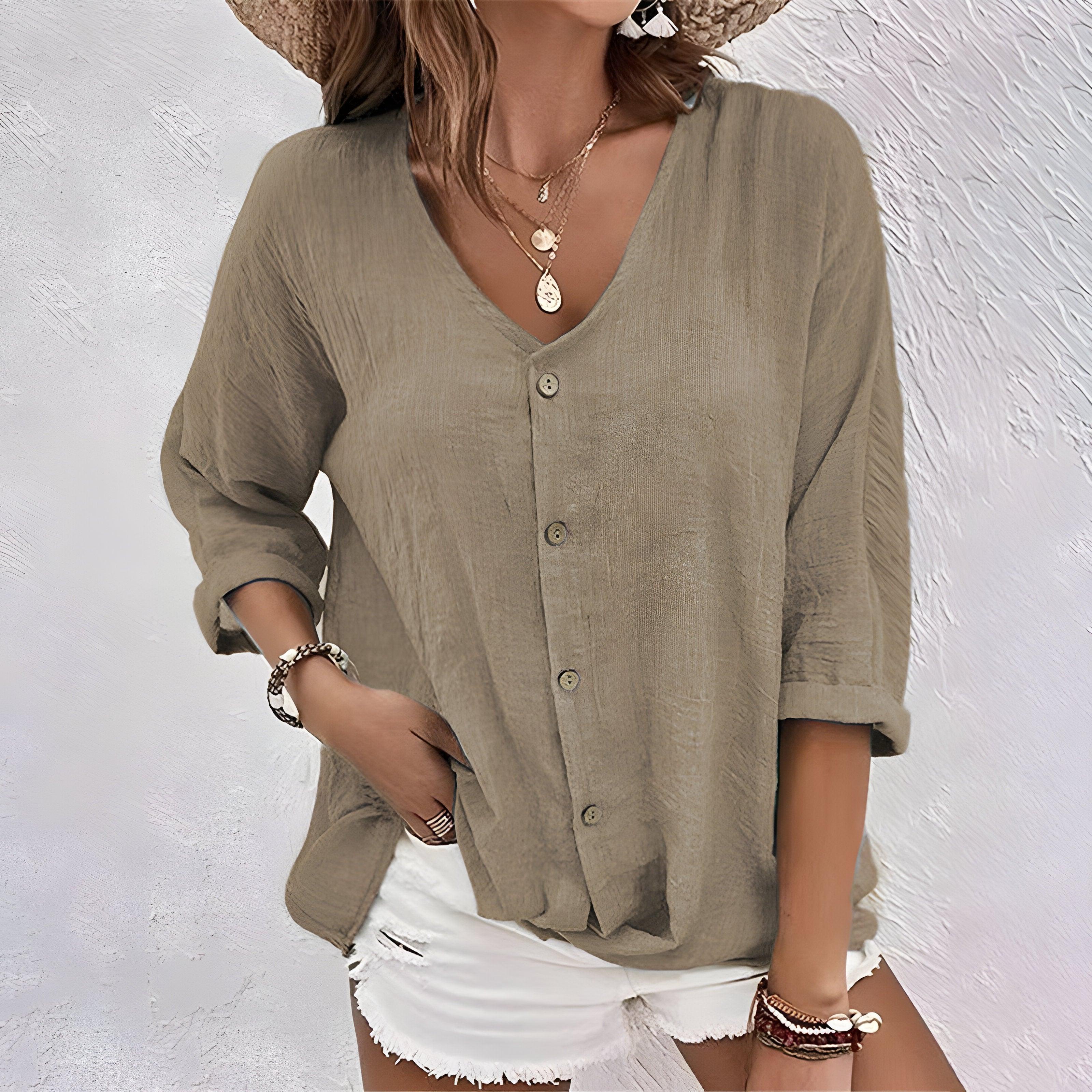 V-Neck Button-Front Blouse for Women - Three-Quarter Rolled Sleeves, Curved Hemline, Casual Wear Top