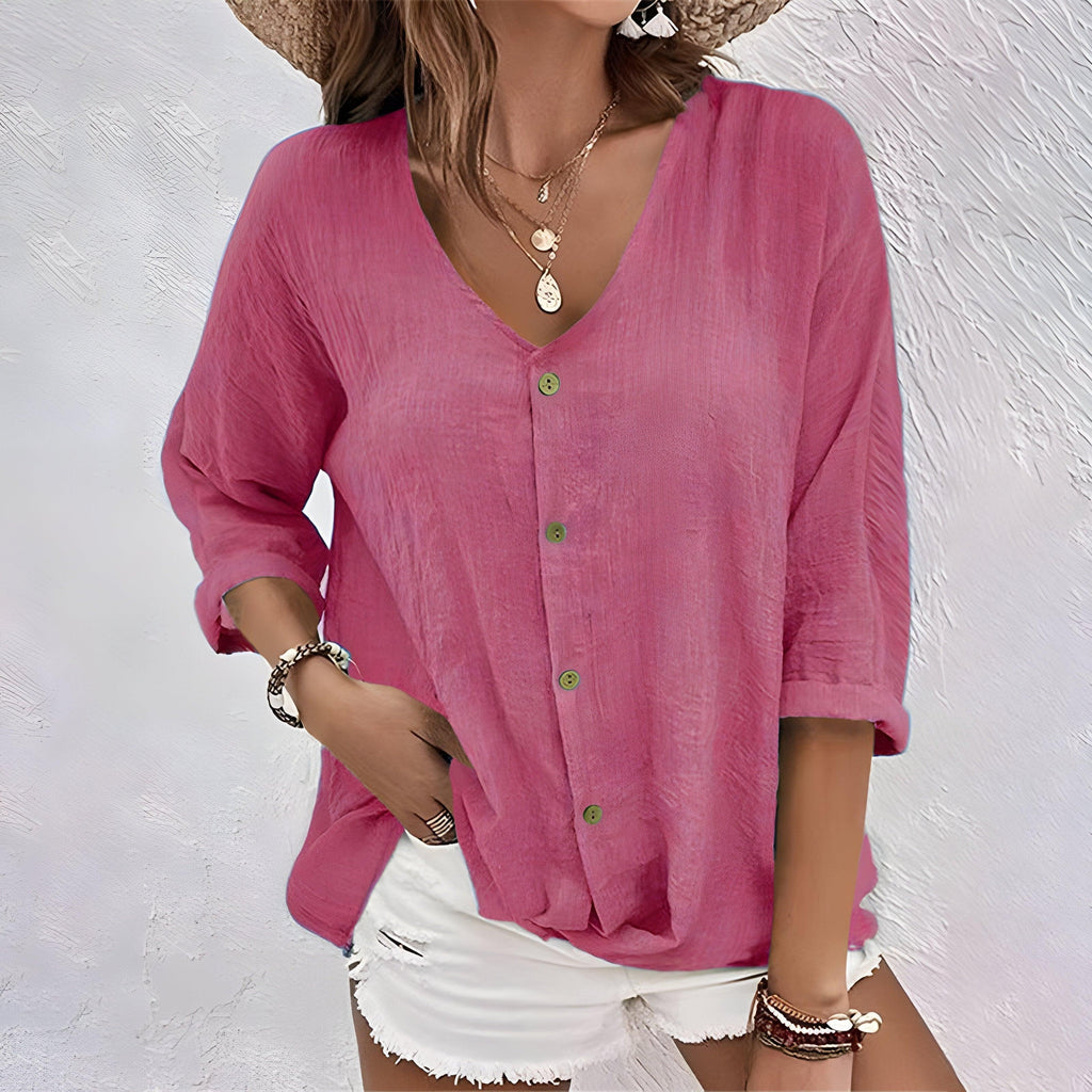 V-Neck Button-Front Blouse for Women - Three-Quarter Rolled Sleeves, Curved Hemline, Casual Wear Top