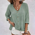 V-Neck Button-Front Blouse for Women - Three-Quarter Rolled Sleeves, Curved Hemline, Casual Wear Top