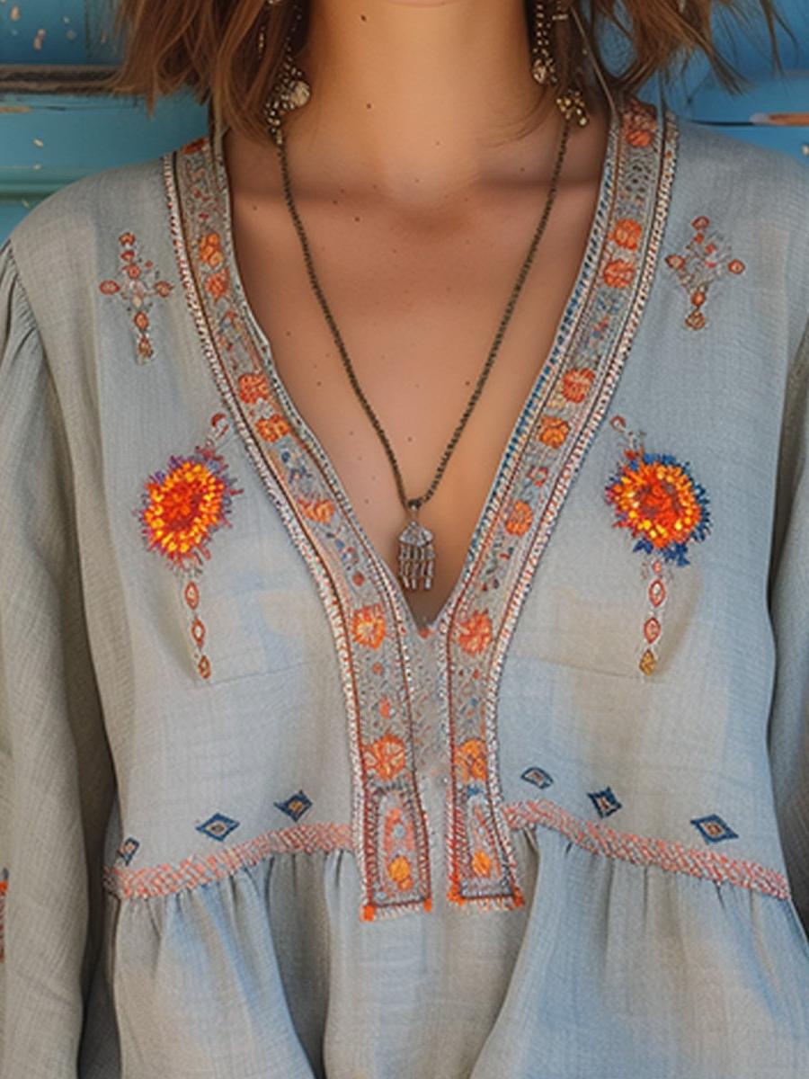 V-Neck Embroidered Blouse for Women - Long Sleeve with Wide Cuffs - Stylish Casual Top for Everyday Wear