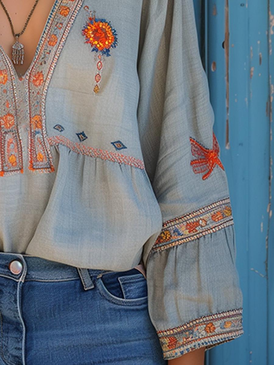 V-Neck Embroidered Blouse for Women - Long Sleeve with Wide Cuffs - Stylish Casual Top for Everyday Wear