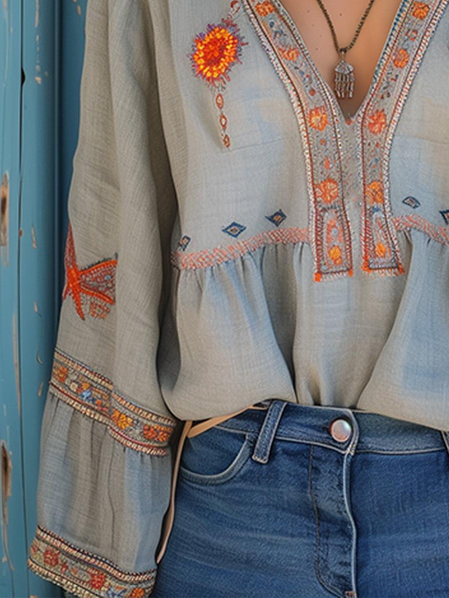 V-Neck Embroidered Blouse for Women - Long Sleeve with Wide Cuffs - Stylish Casual Top for Everyday Wear