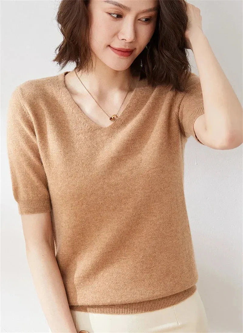 V-Neck Knit Top for Women - Soft Cotton Blend - Casual Everyday Wear - Available in Multiple Colors