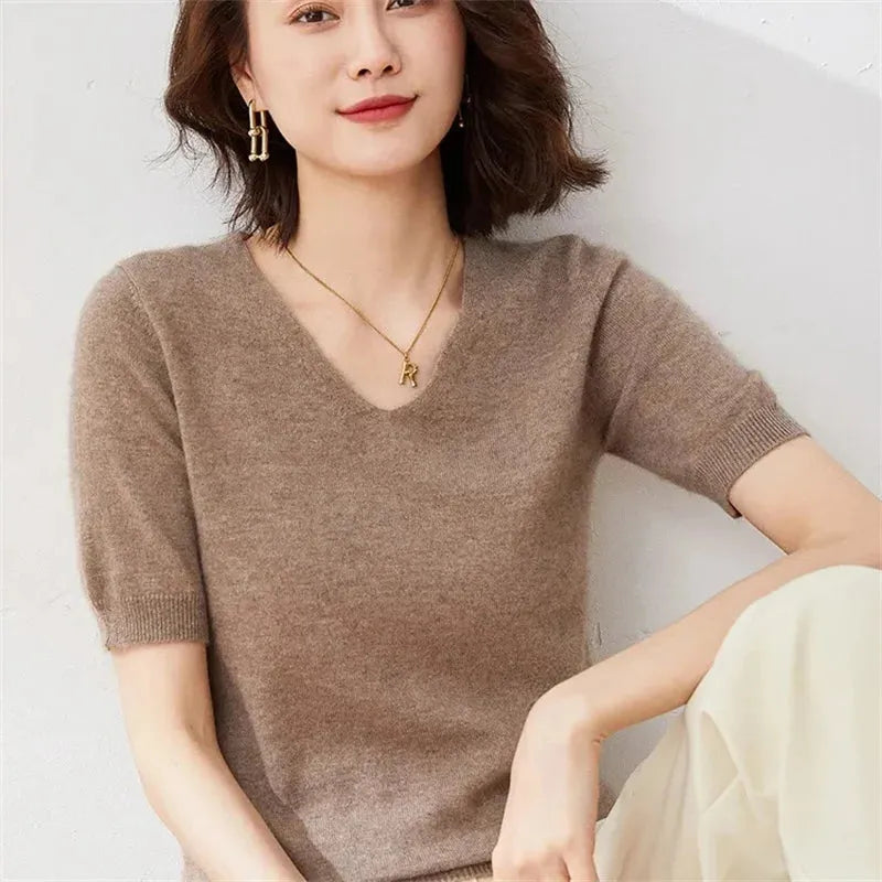 V-Neck Knit Top for Women - Soft Cotton Blend - Casual Everyday Wear - Available in Multiple Colors